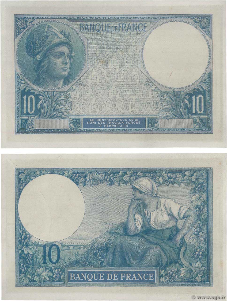 10 Francs MINERVE Épreuve FRANCE  1916 F.06.00Ec AU
