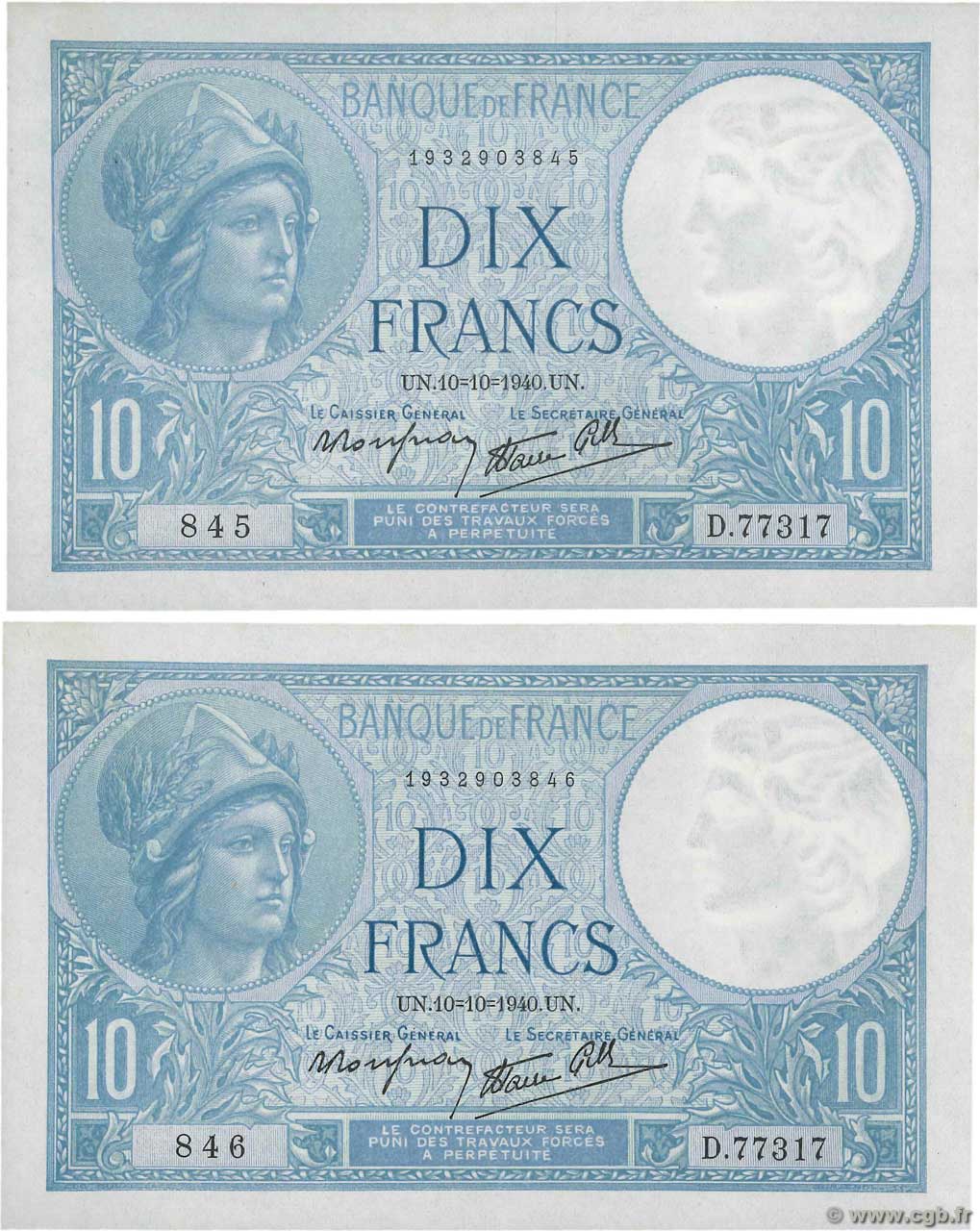 10 Francs MINERVE modifié Consécutifs FRANCE  1940 F.07.16 UNC-