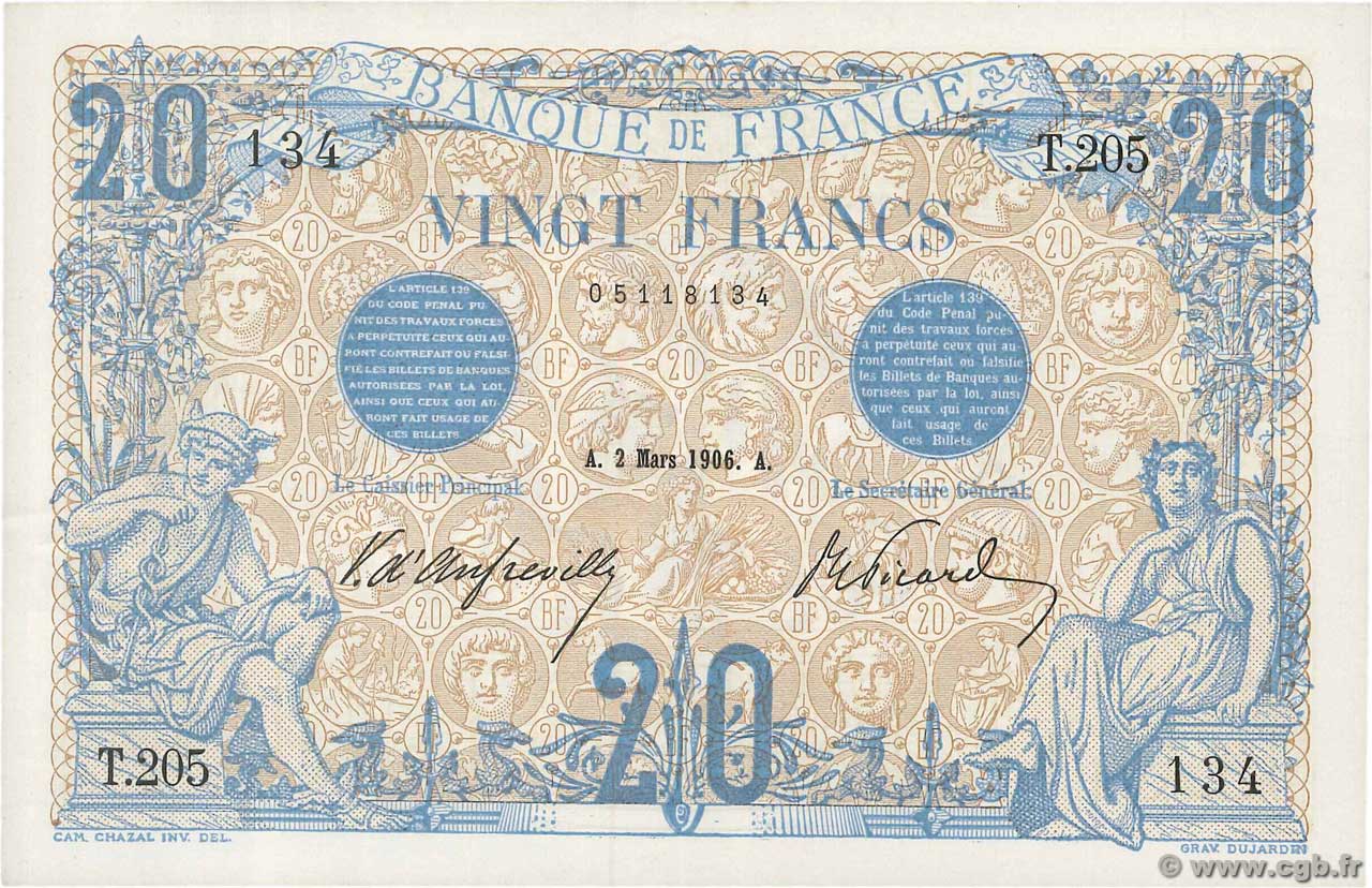 20 Francs BLEU FRANCE  1906 F.10.01 AU-
