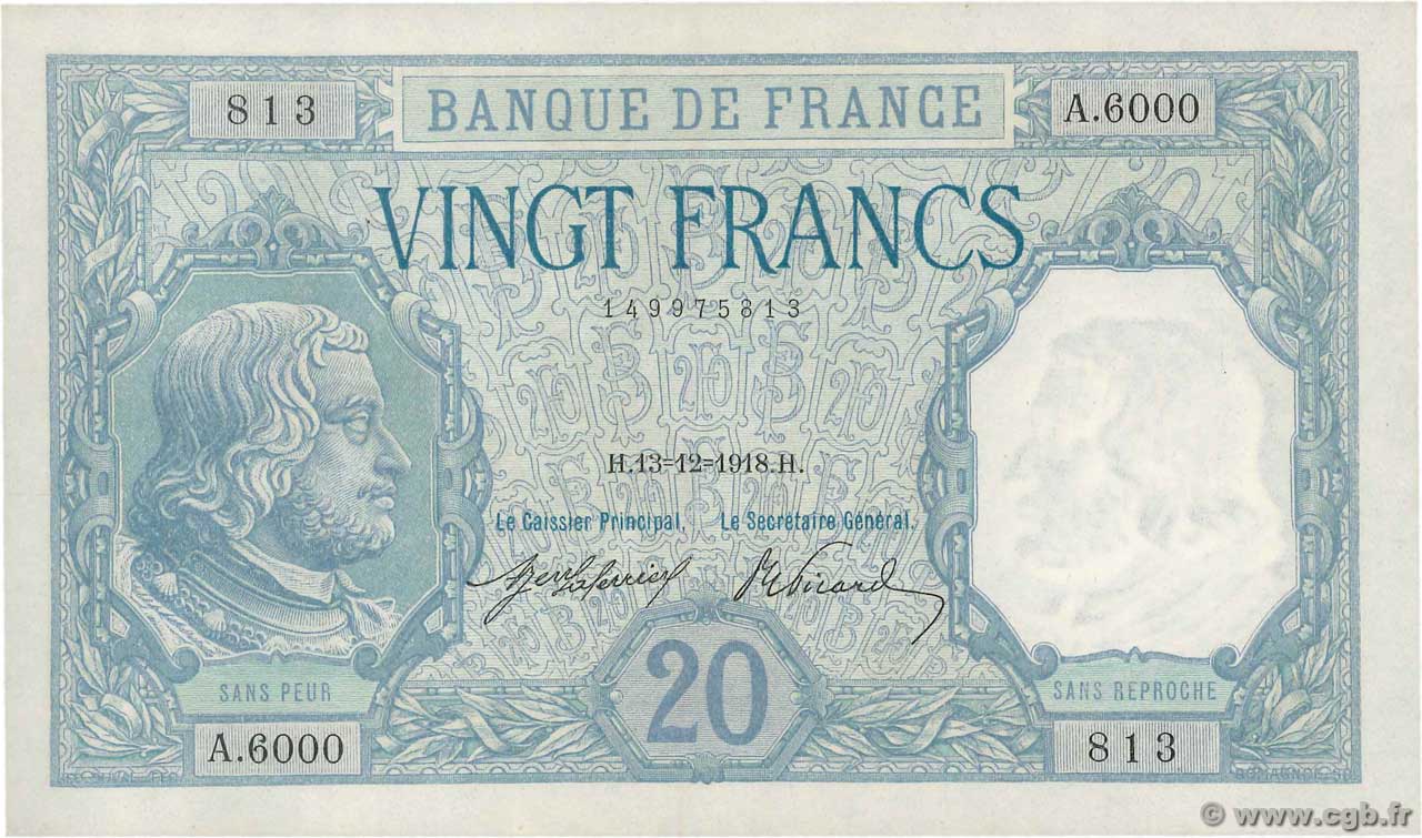20 Francs BAYARD FRANCE  1918 F.11.03 pr.SPL