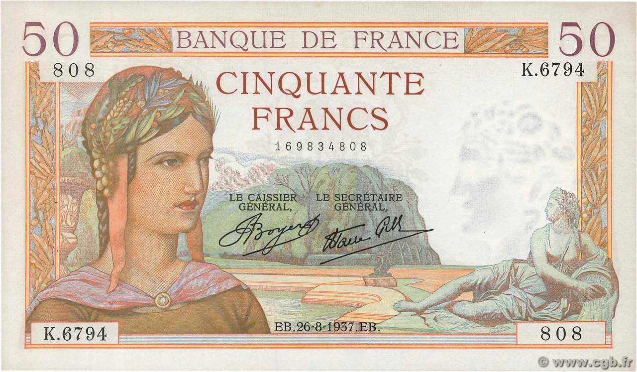 50 Francs CÉRÈS modifié FRANCIA  1937 F.18.02 EBC+