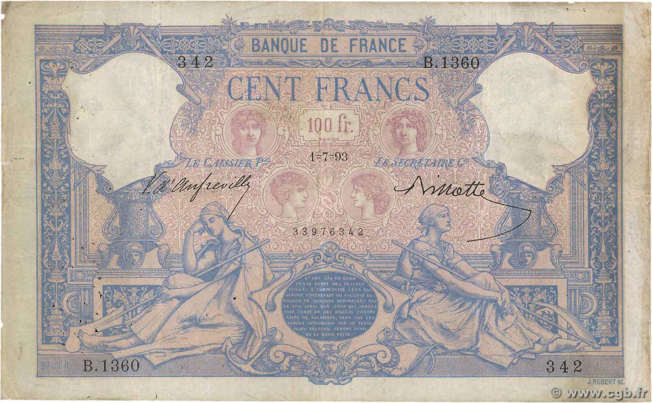 100 Francs BLEU ET ROSE FRANCE  1893 F.21.06 F-