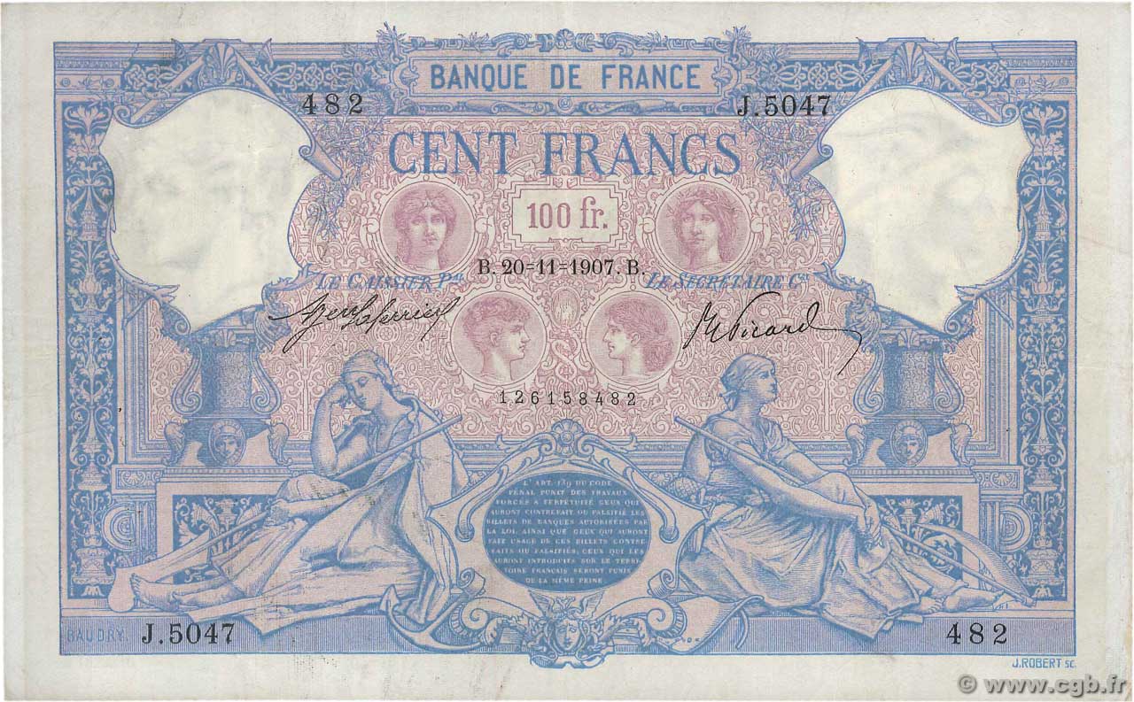 100 Francs BLEU ET ROSE FRANCE  1907 F.21.22 VF-