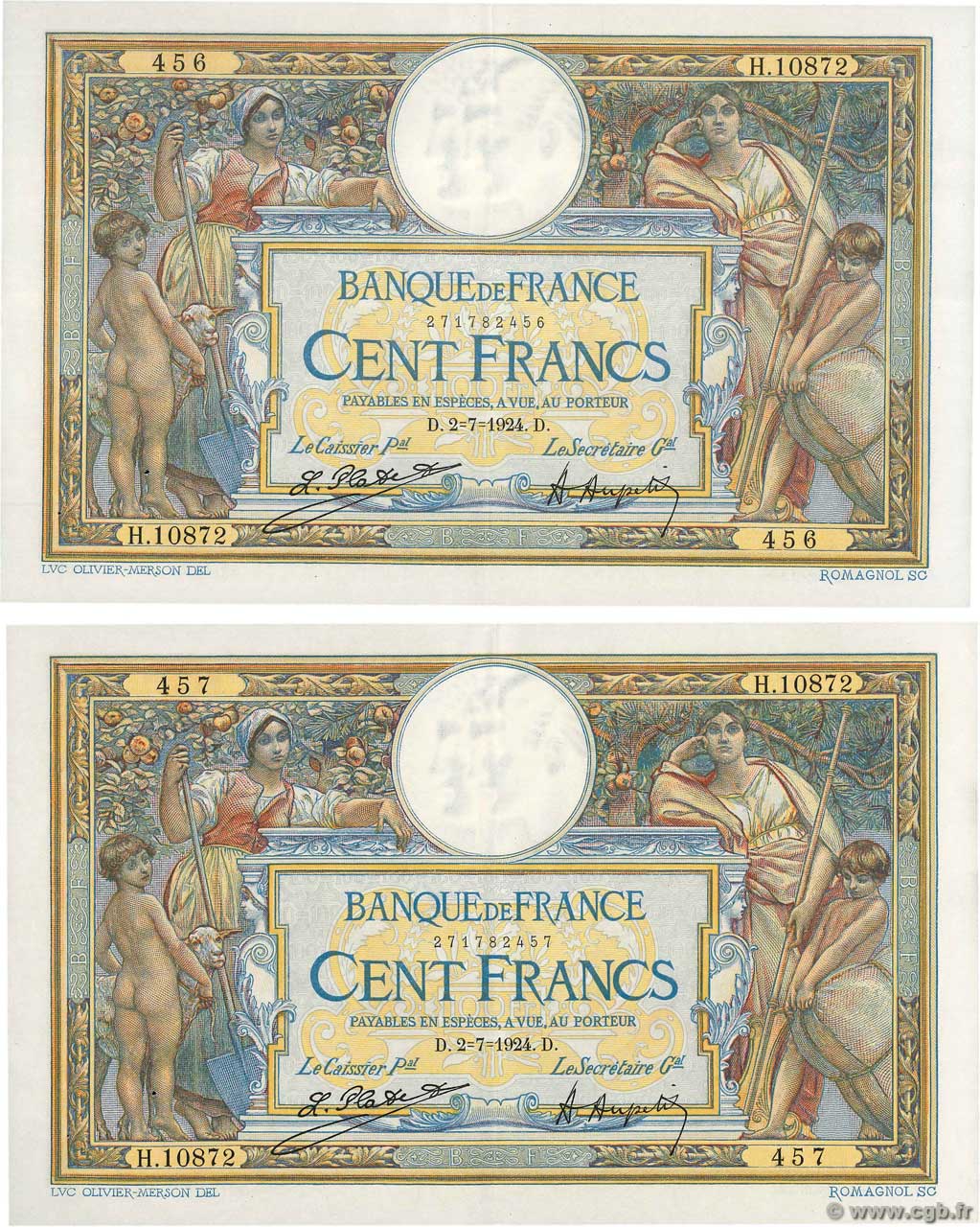 100 Francs LUC OLIVIER MERSON grands cartouches Consécutifs FRANCIA  1924 F.24.02 SPL