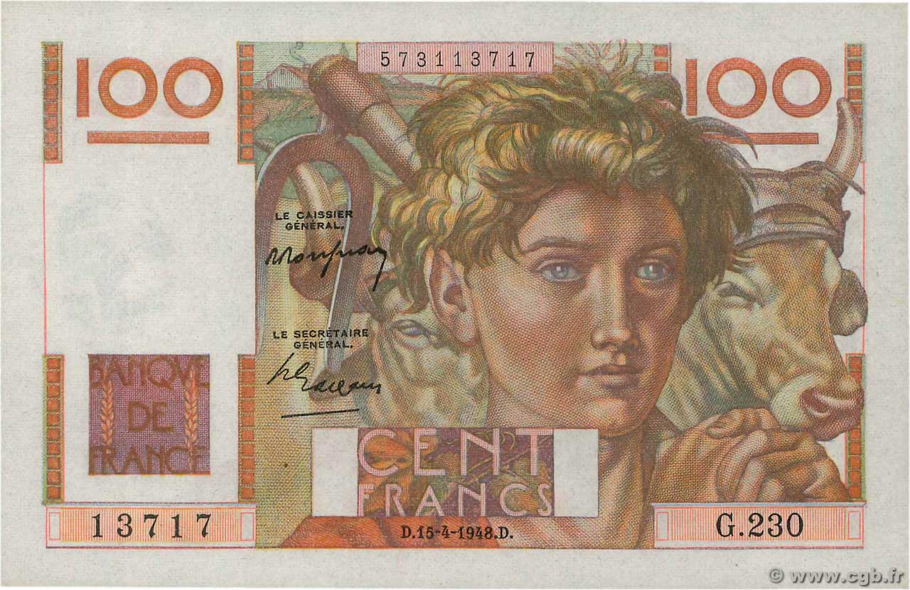 100 Francs JEUNE PAYSAN Fauté FRANCE  1948 F.28.17 SPL