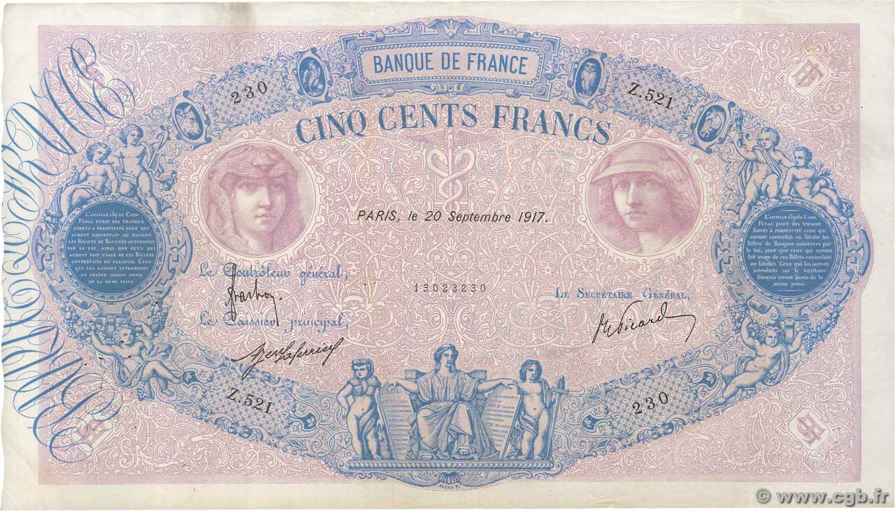 500 Francs BLEU ET ROSE FRANCE  1917 F.30.23 TTB