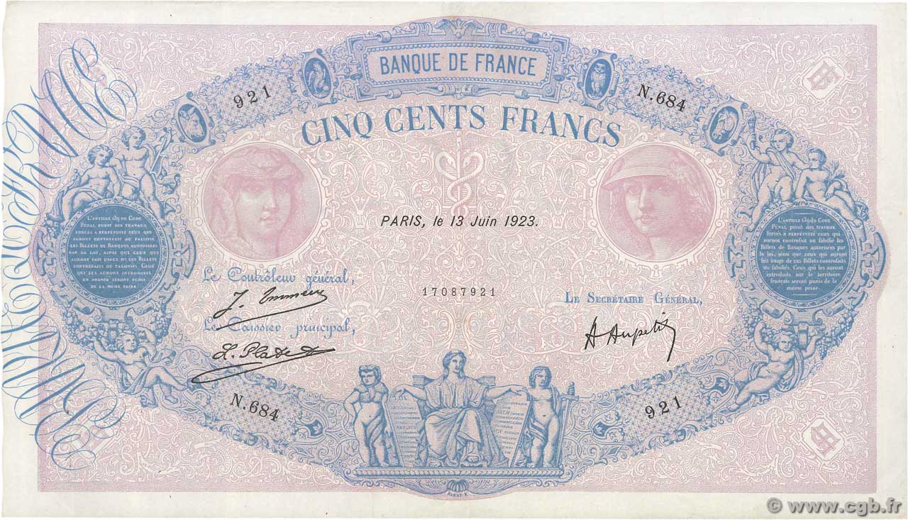500 Francs BLEU ET ROSE FRANCE  1923 F.30.27 SUP