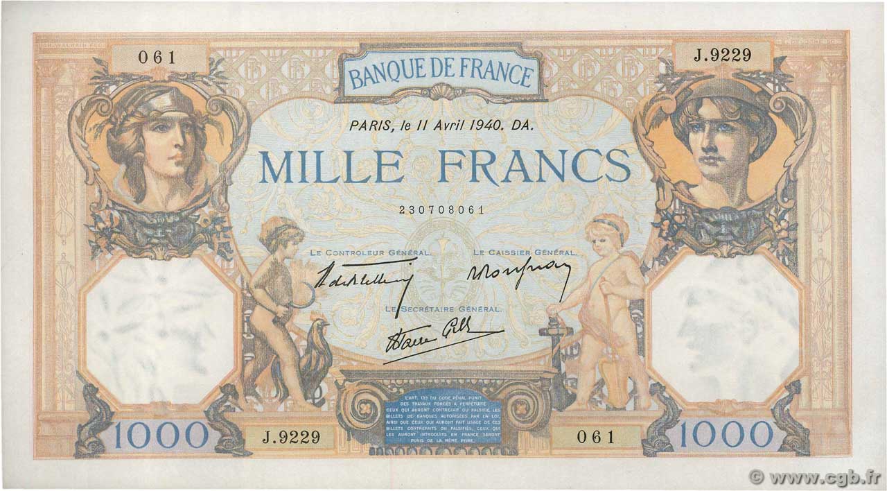 1000 Francs CÉRÈS ET MERCURE type modifié FRANCIA  1940 F.38.45 SC