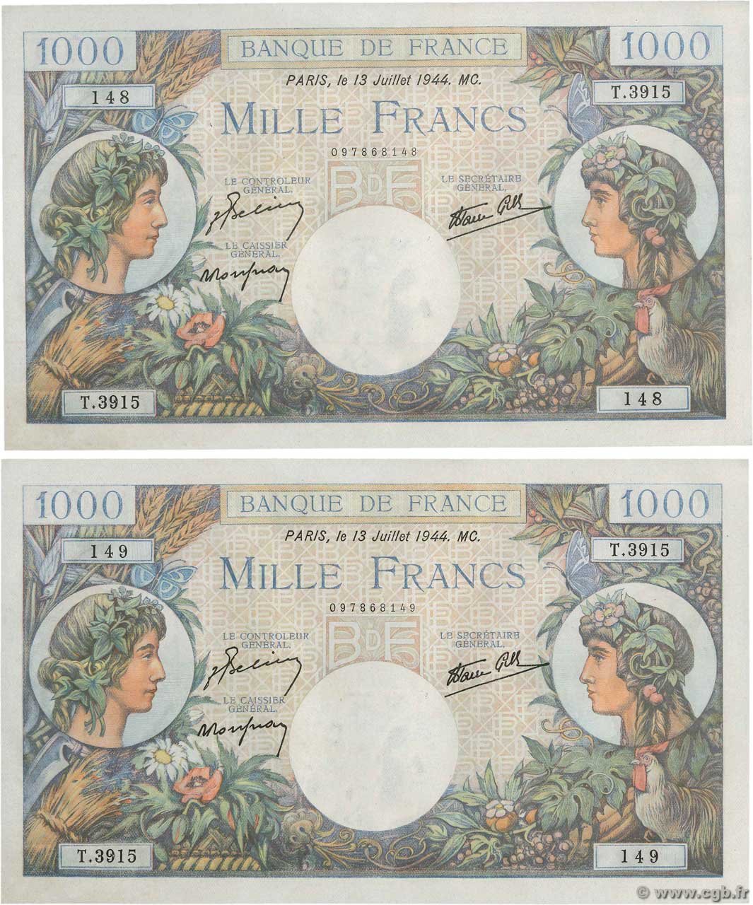 1000 Francs COMMERCE ET INDUSTRIE Consécutifs FRANKREICH  1944 F.39.11 fST+