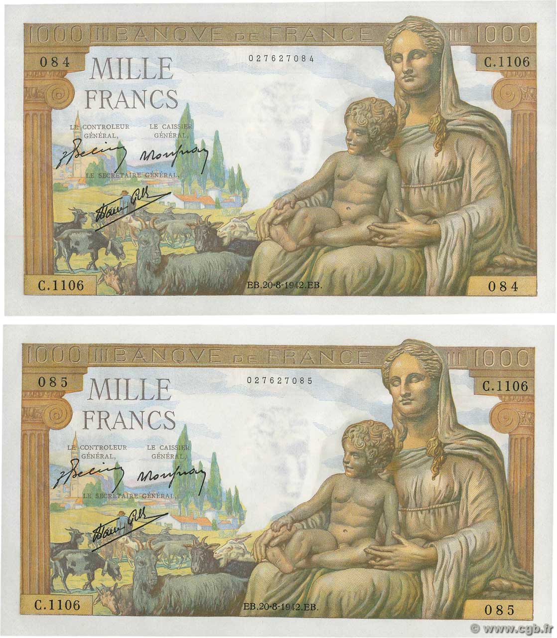 1000 Francs DÉESSE DÉMÉTER Consécutifs FRANCIA  1942 F.40.05 SC+