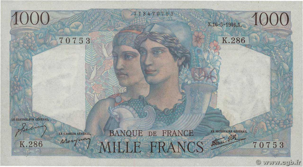 1000 Francs MINERVE ET HERCULE FRANCIA  1946 F.41.14 q.FDC