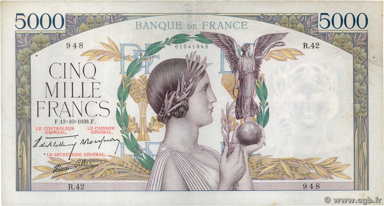 5000 Francs VICTOIRE modifié, taille douce FRANCIA  1938 F.45.01 MBC