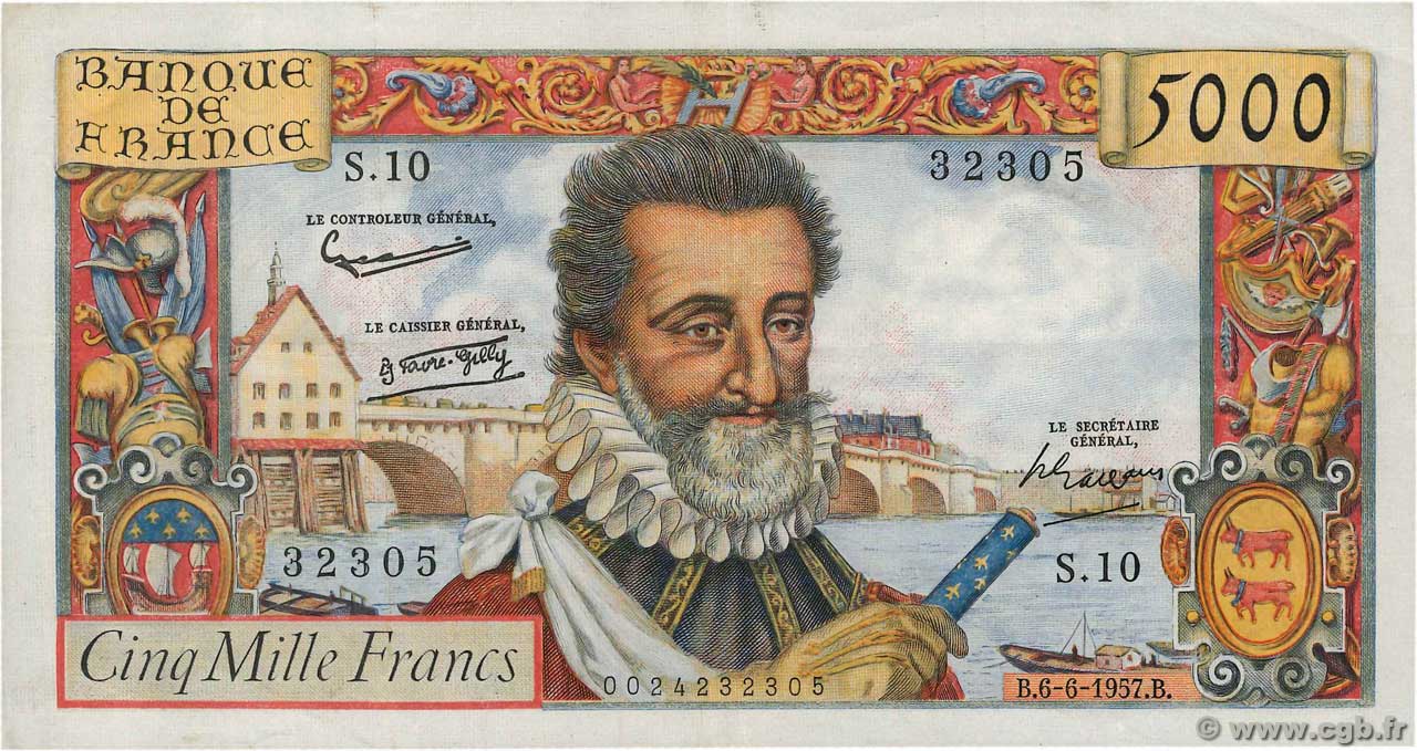 5000 Francs HENRI IV FRANCIA  1957 F.49.02 EBC