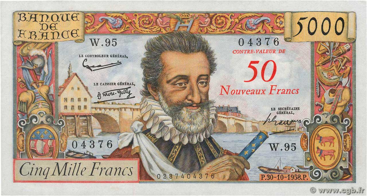 50 NF sur 5000 Francs HENRI IV FRANCIA  1958 F.54.01 EBC+