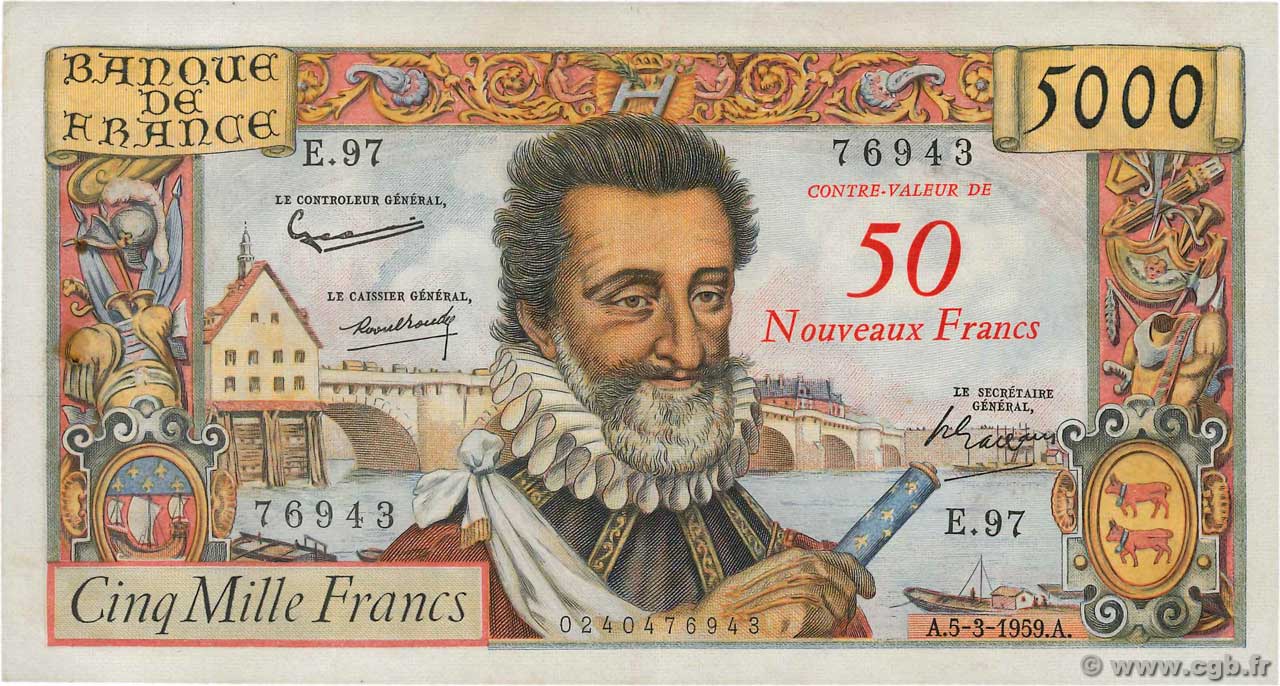 50 NF sur 5000 Francs HENRI IV FRANCE  1959 F.54.02 pr.SUP