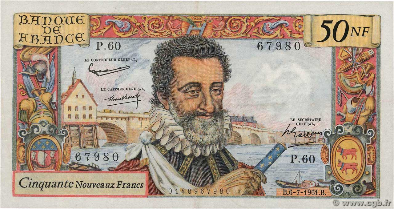 50 Nouveaux Francs HENRI IV FRANCE  1961 F.58.06 VF+