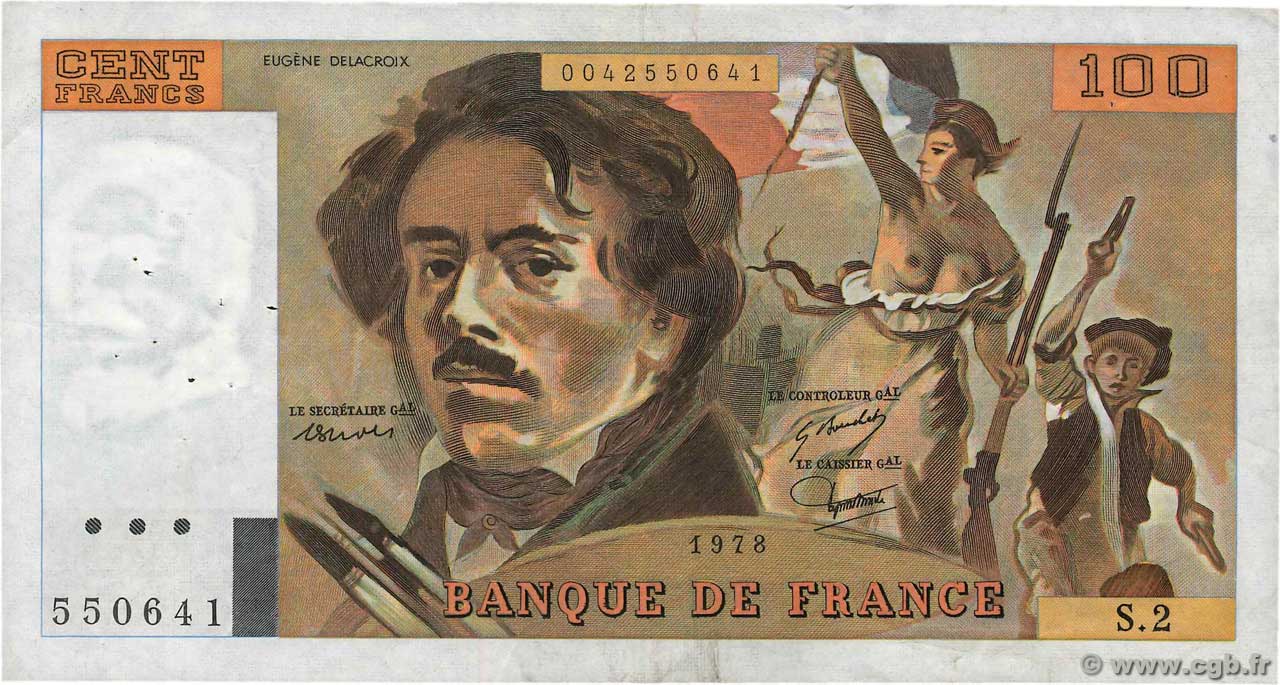 100 Francs DELACROIX modifié ( retiré/withdrawn) FRANCIA  1978 F.69.01a BC