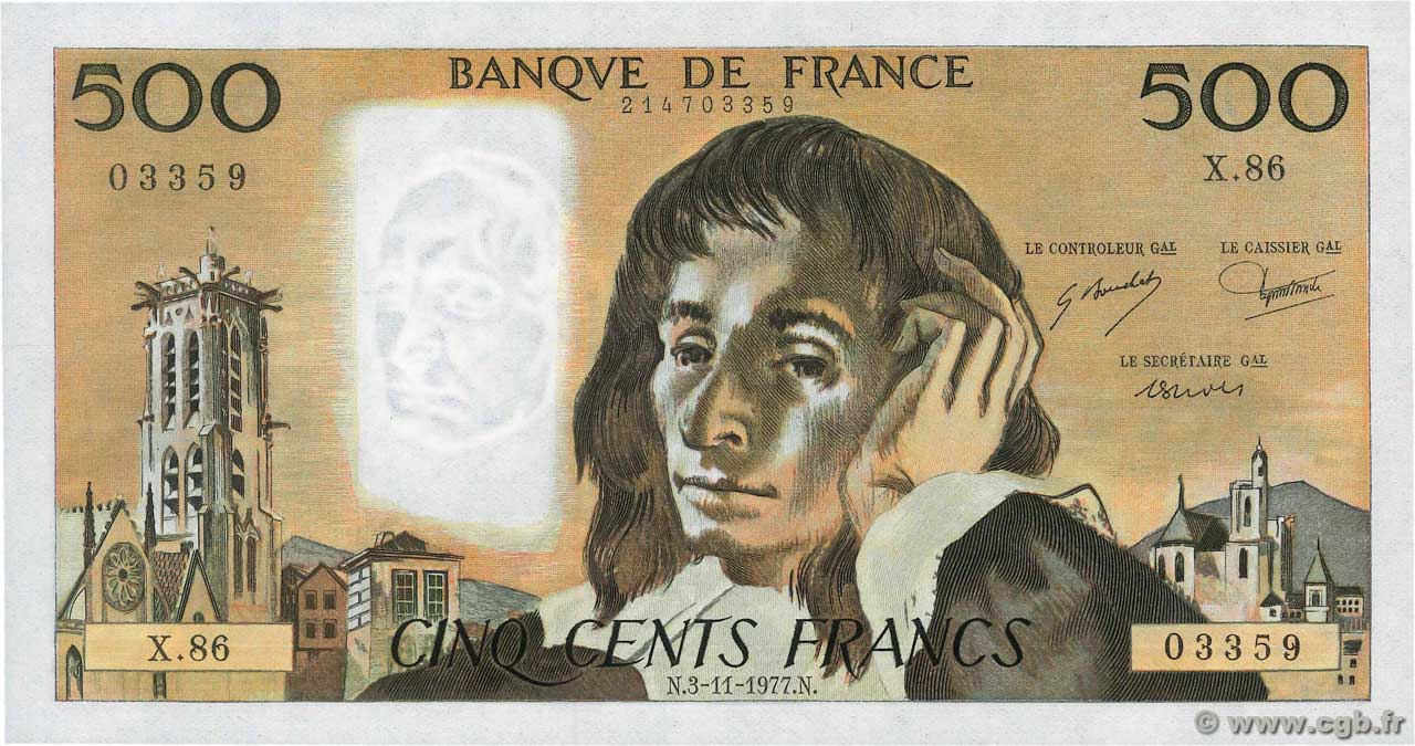 500 Francs PASCAL FRANCE  1977 F.71.17 UNC