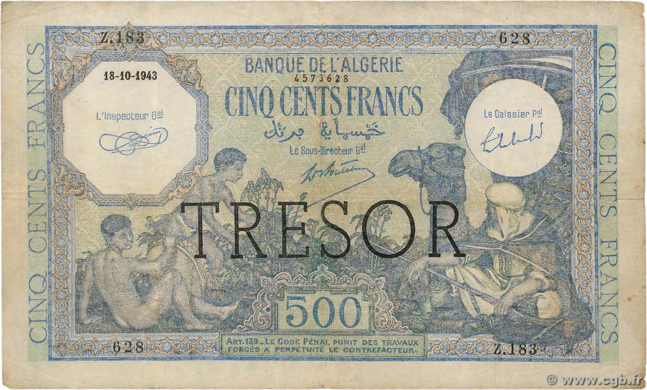 500 Francs ALGÉRIE FRANCIA  1943 VF.09.01 BC+