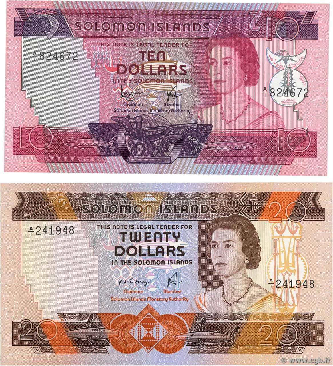 10 et 20 Dollars Lot ÎLES SALOMON  1977 P.07b et P.08a pr.NEUF