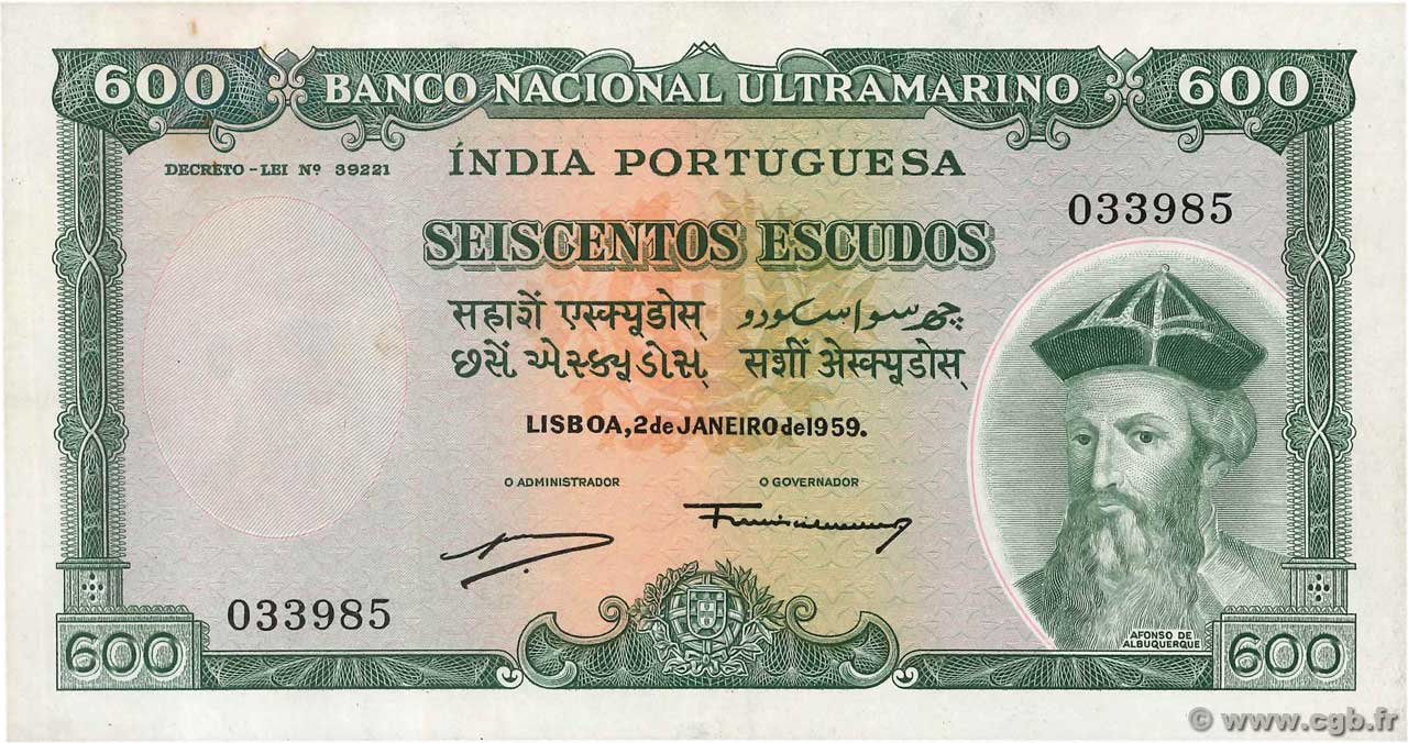 600 Escudos INDIA PORTUGUESA  1959 P.45 MBC+