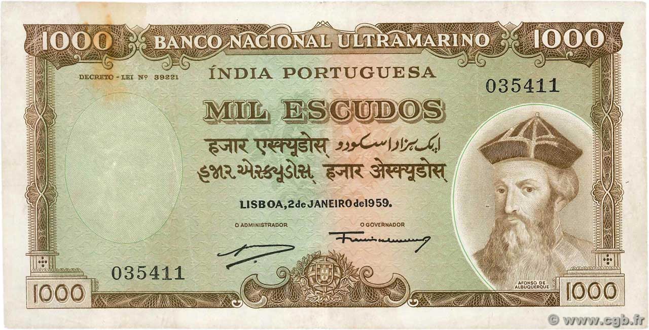 1000 Escudos PORTUGUESE INDIA  1959 P.46 F