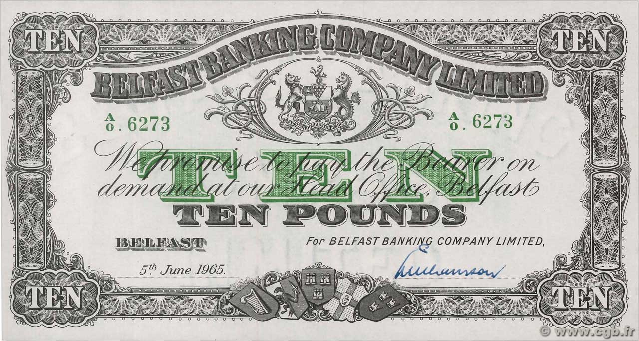 10 Pounds NORTHERN IRELAND  1965 P.128c UNC-
