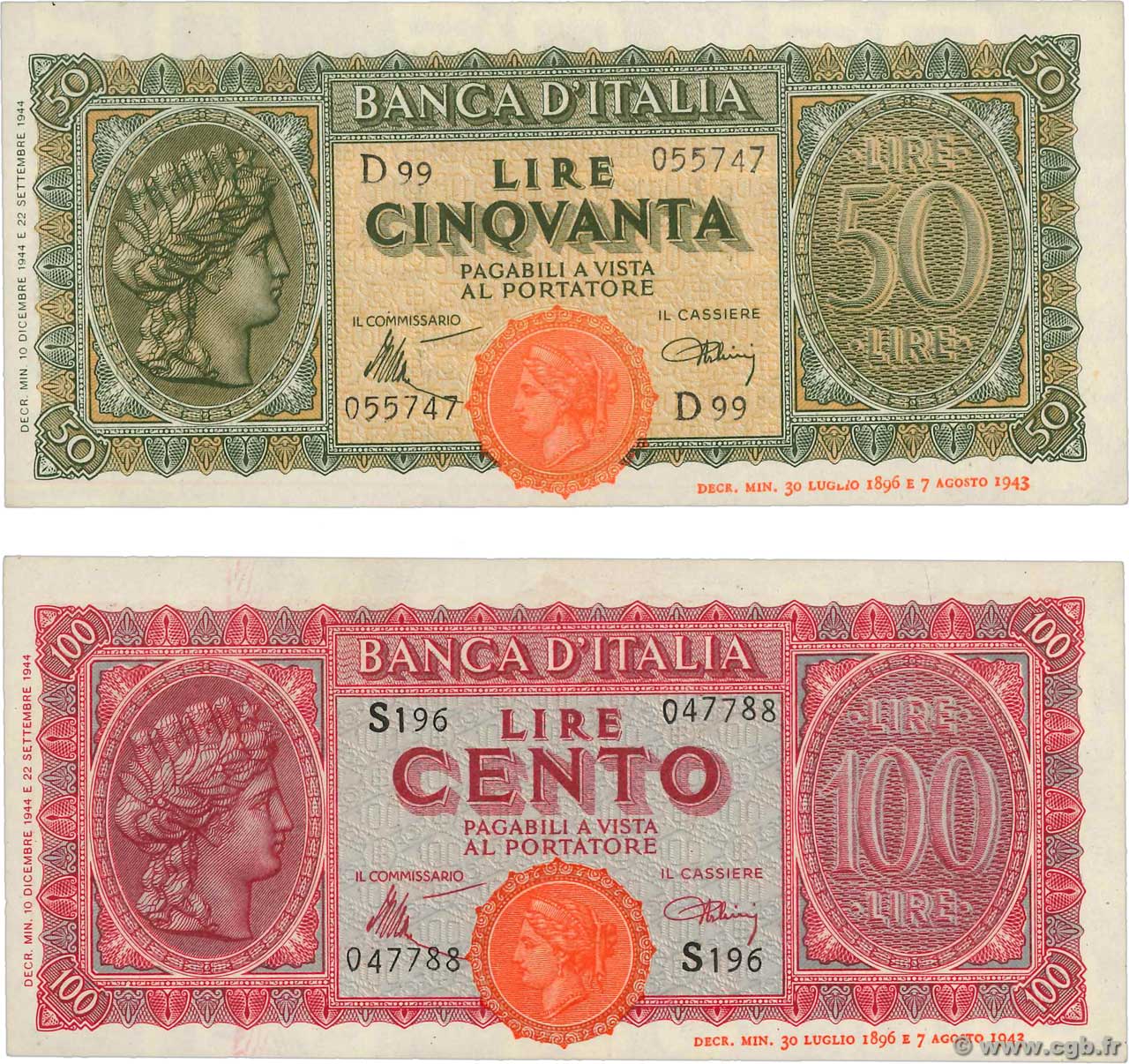 50 et 100 Lire Lot ITALY  1944 P.074 et P.075a XF+