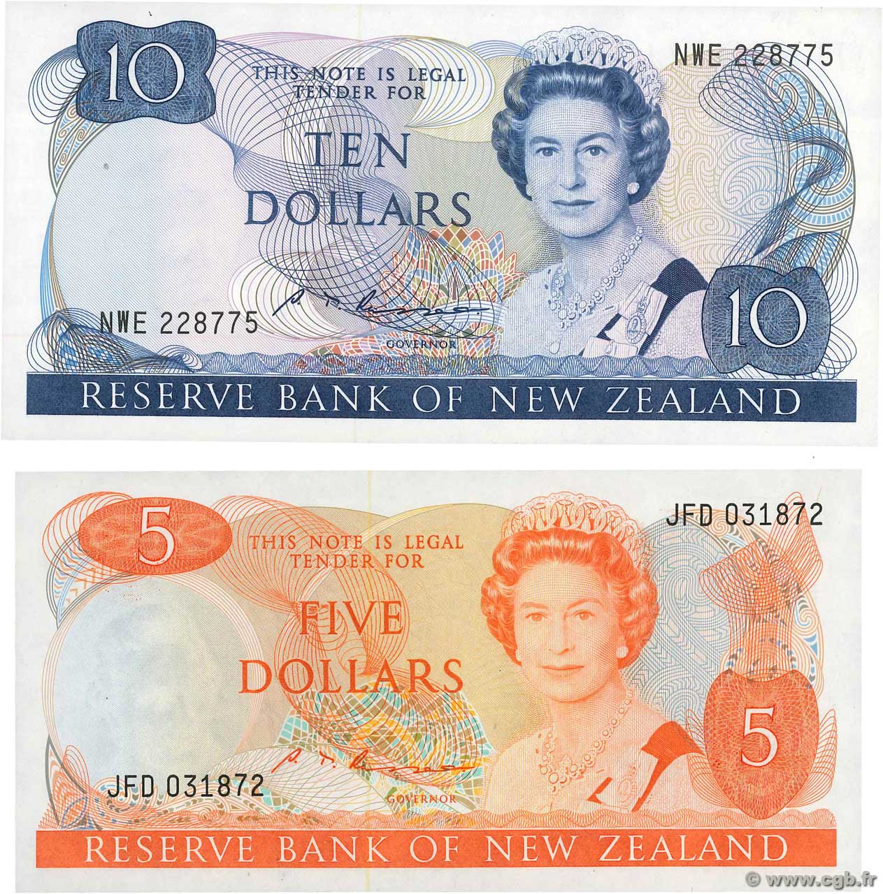 5 et 10 Dollars Lot NOUVELLE-ZÉLANDE  1985 P.171b et P.172b pr.NEUF