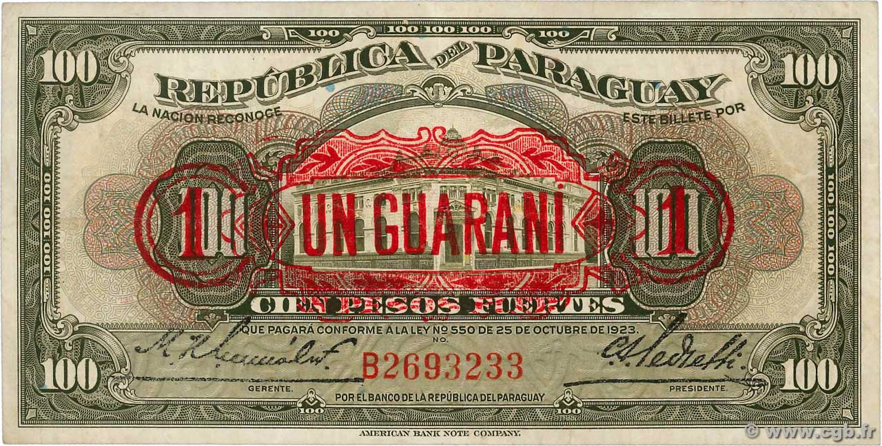 1 Guarani sur 100 Pesos PARAGUAY  1943 P.173a MB