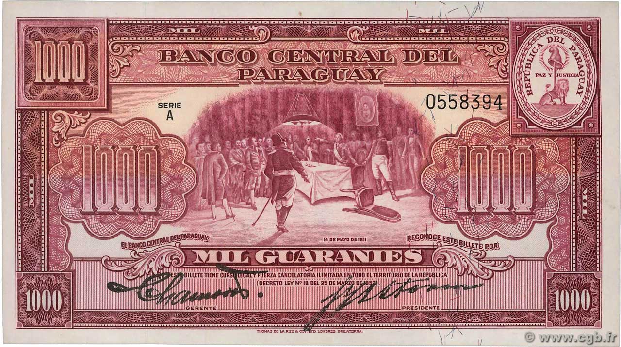 1000 Guaranies PARAGUAY  1952 P.191b AU
