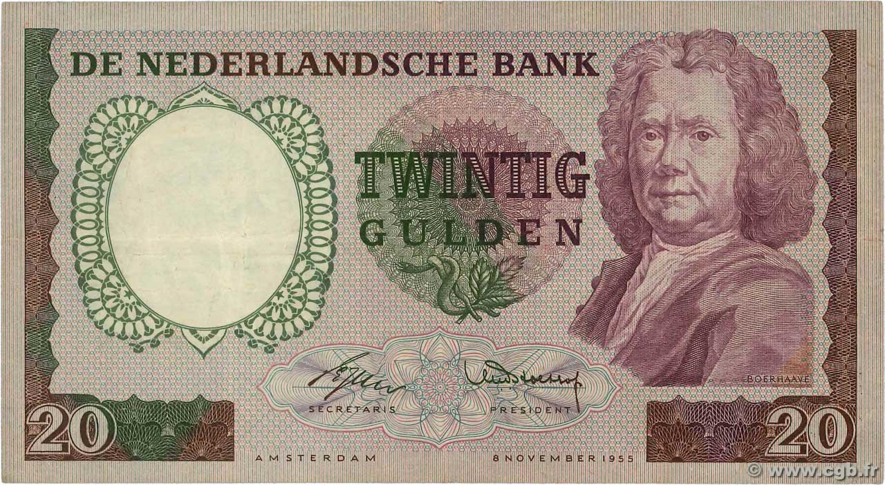 20 Gulden NETHERLANDS  1955 P.086 F+