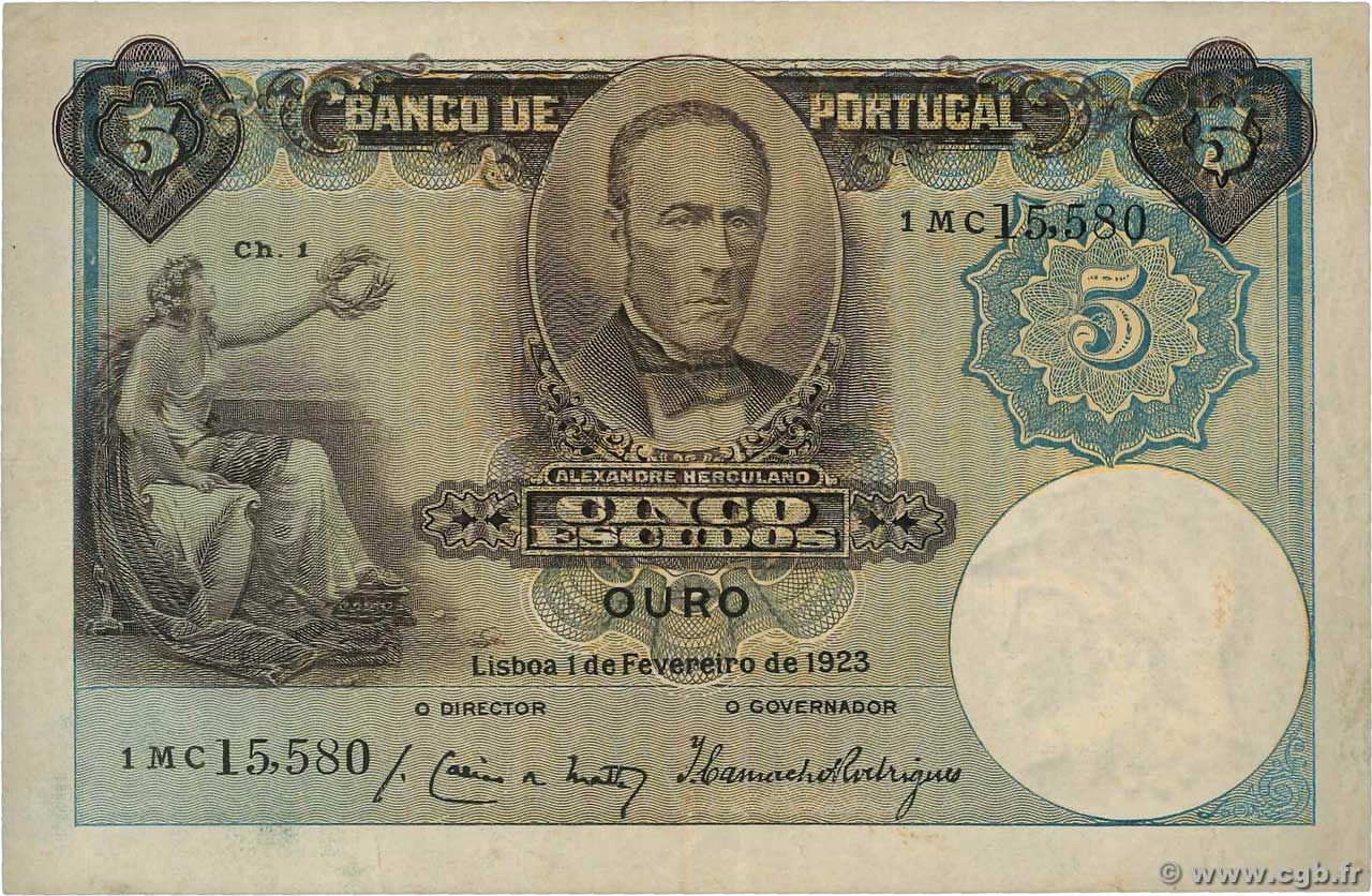 5 Escudos PORTUGAL  1923 P.114 MBC