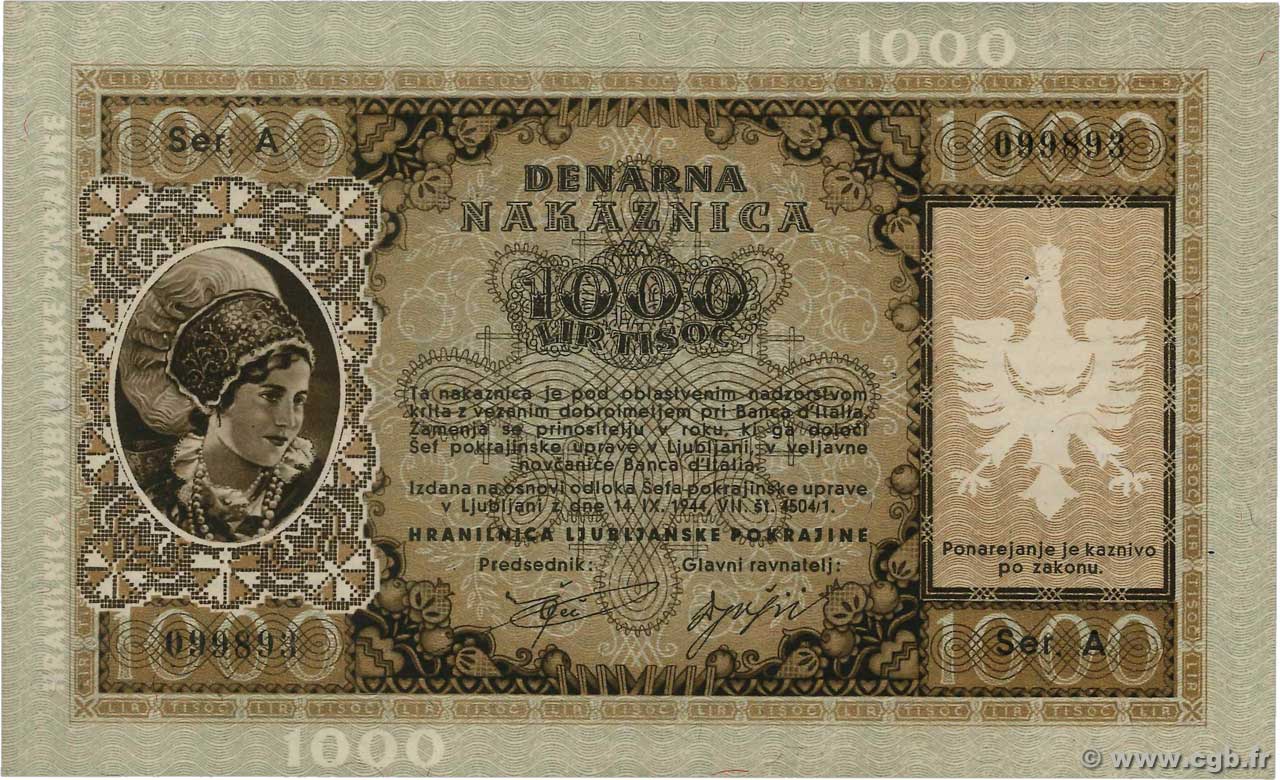 1000 Lire SLOVÉNIE Ljubljana 1944 P.R09 SPL+
