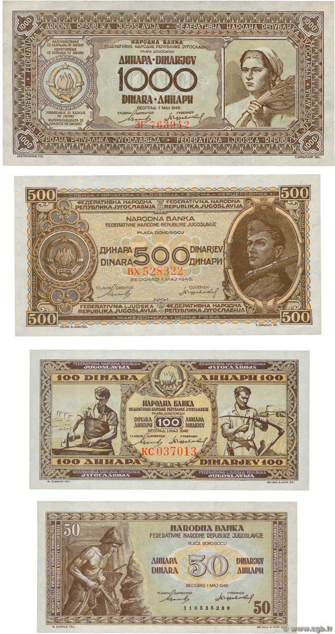50 au 1000 Dinara Lot YUGOSLAVIA  1946 P.064 au P.067 UNC