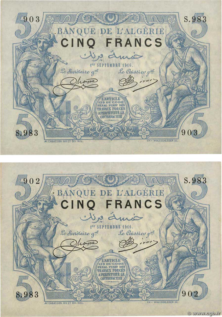 5 Francs Consécutifs ALGERIA  1916 P.071a SPL