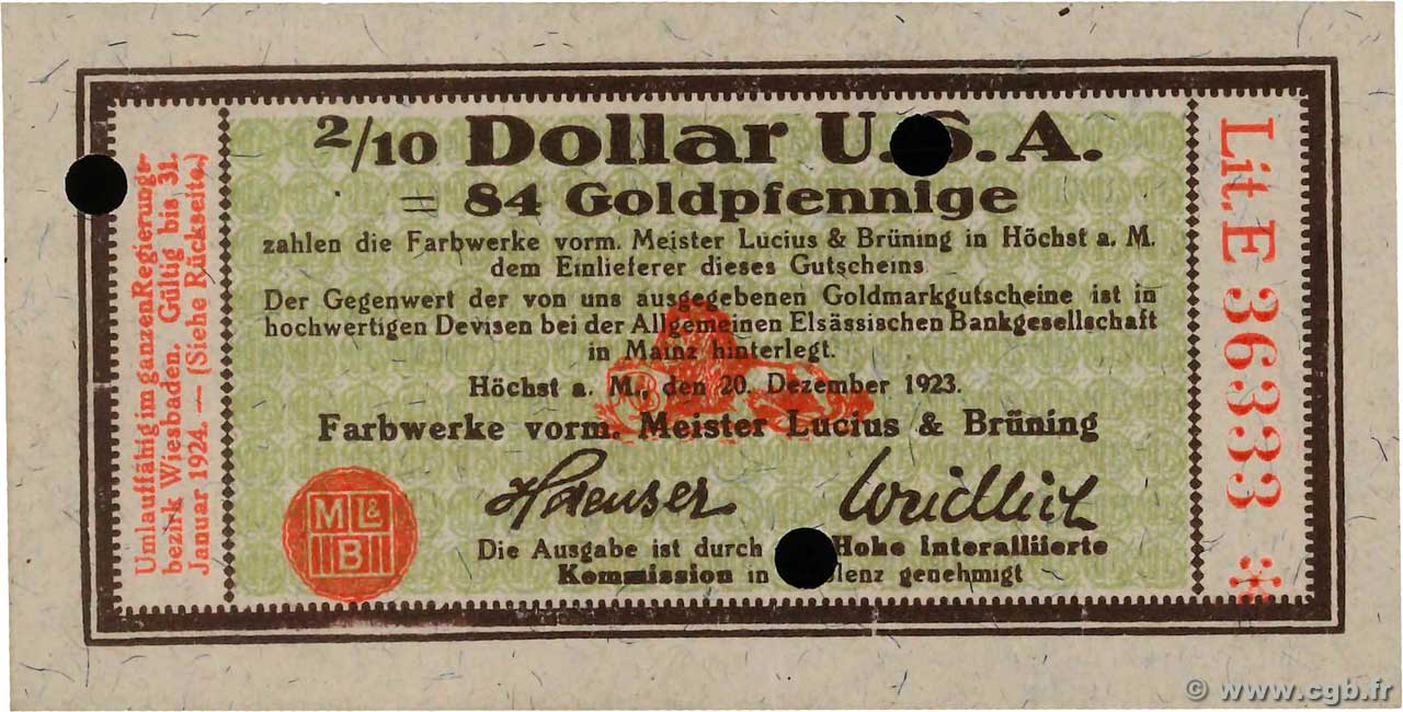 2/10 Dollar ALEMANIA Hochst 1923 Mul.2525.14 SC+