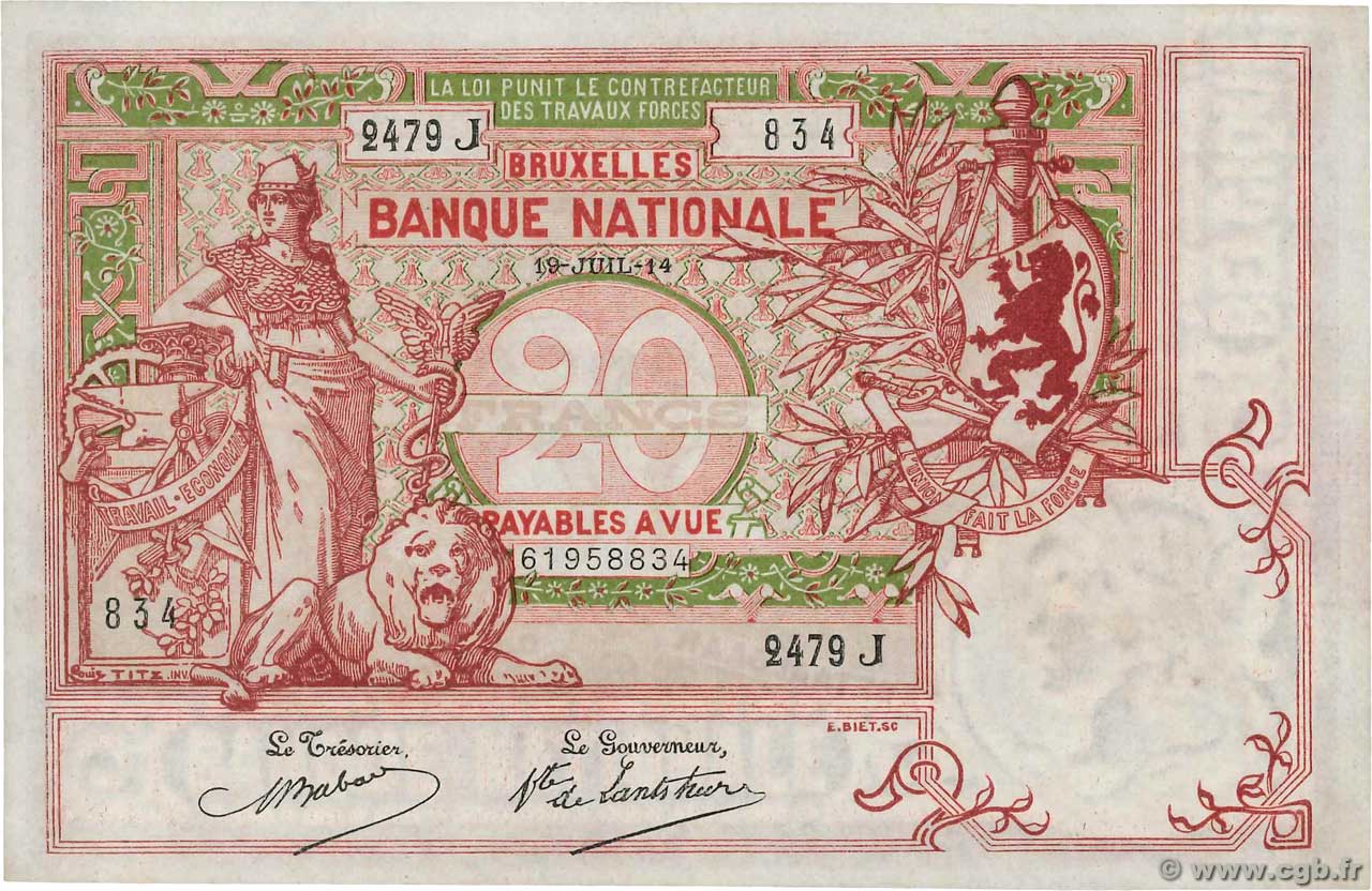 20 Francs BELGIUM  1914 P.067 XF+