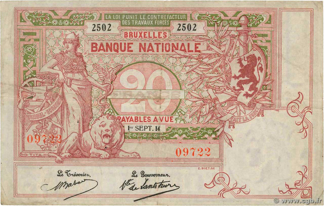 20 Francs BELGIQUE  1914 P.076 TB+