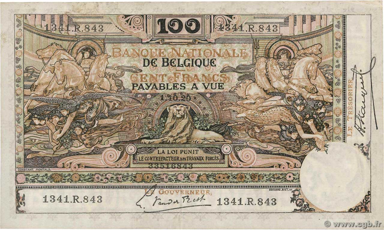 100 Francs BELGIEN  1920 P.078 SS