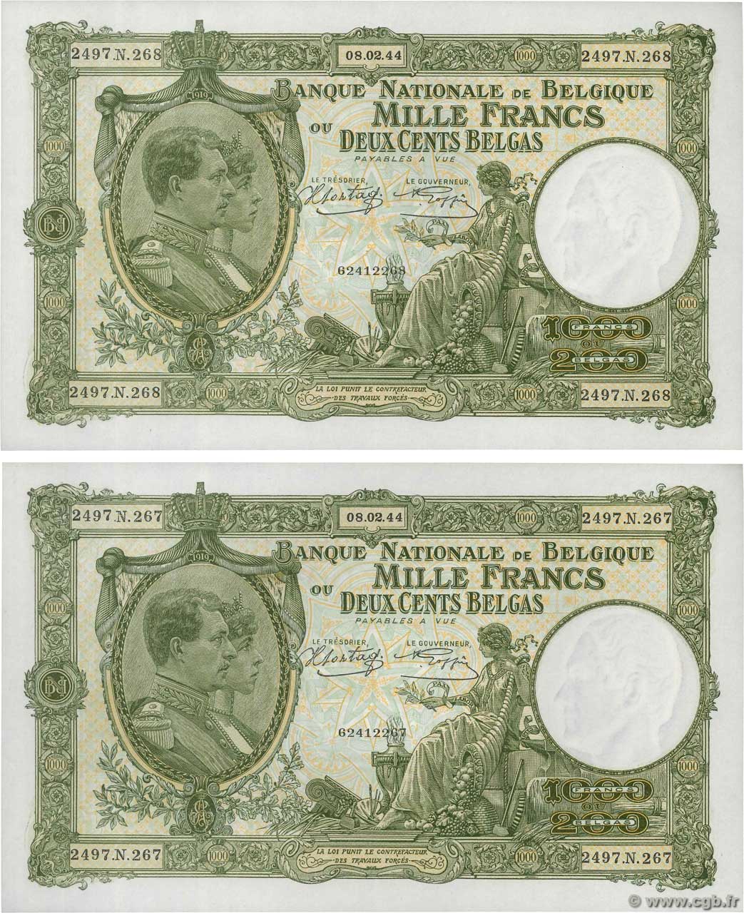 1000 Francs - 200 Belgas Consécutifs BELGIO  1944 P.110 q.FDC