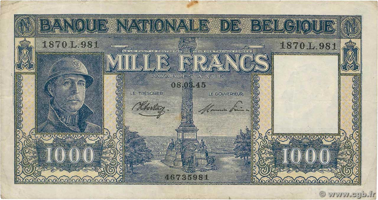 1000 Francs BÉLGICA  1945 P.128b BC+