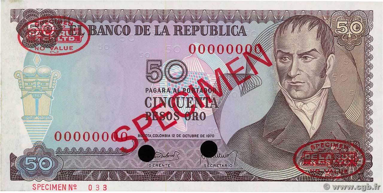 50 Pesos Oro Spécimen COLOMBIA  1970 P.412bs AU