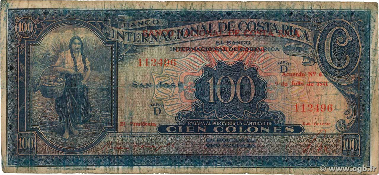 100 Colones COSTA RICA  1941 P.194b B