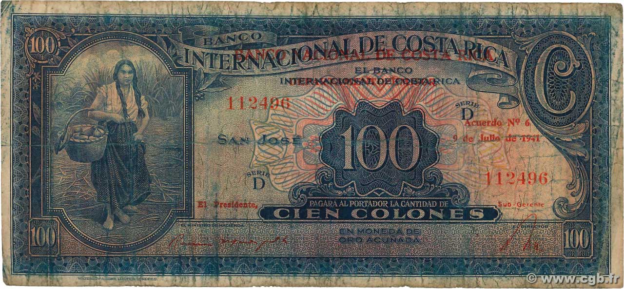 100 Colones COSTA RICA  1941 P.194b RC