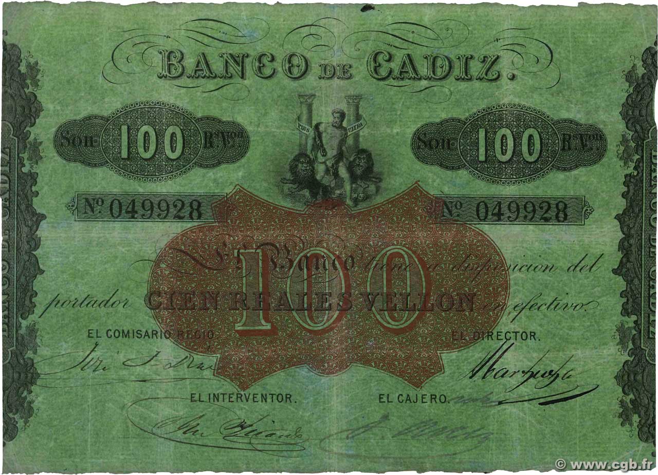100 Reales De Vellon SPAGNA Cadiz 1863 PS.291 MB