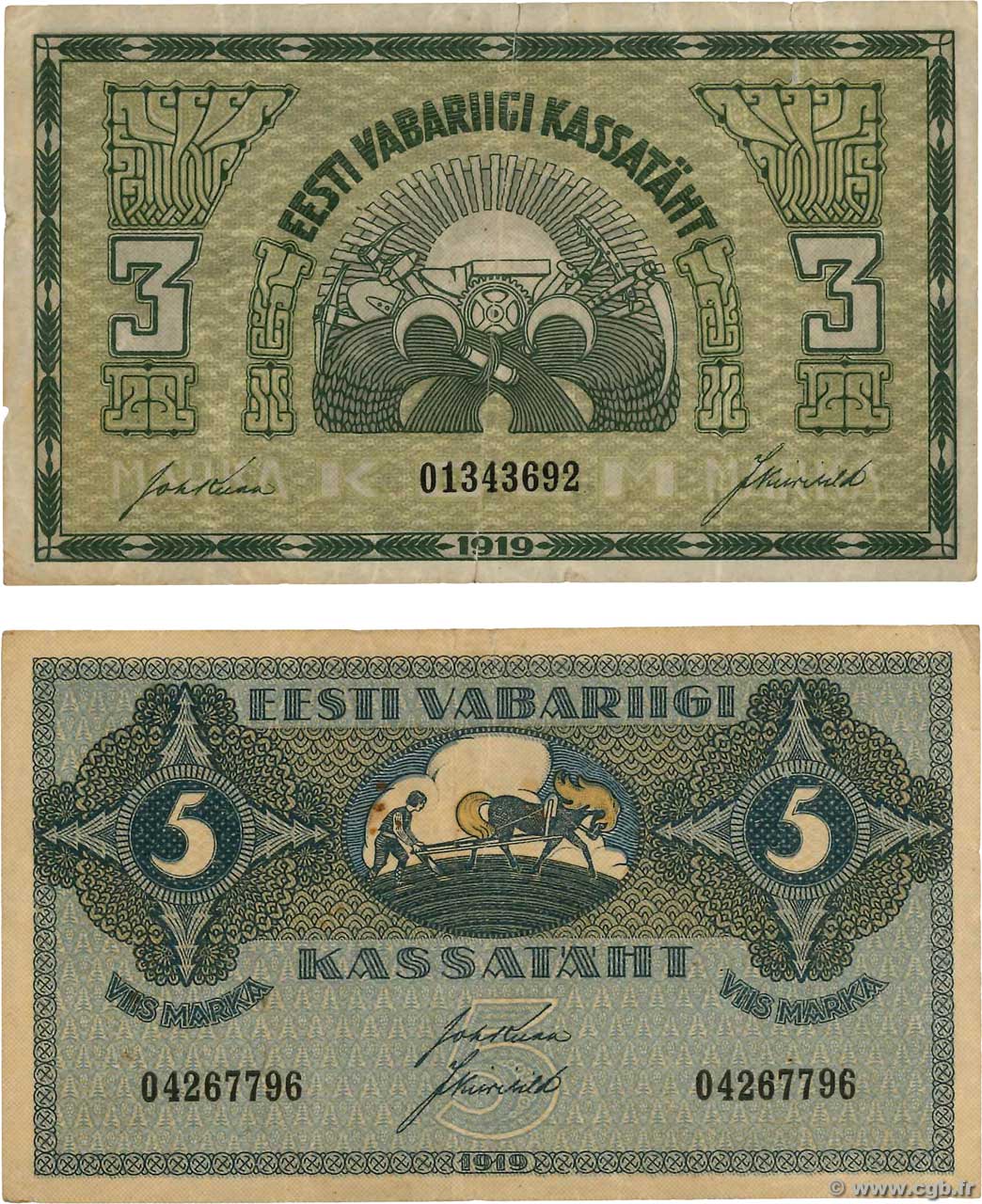3 et 5 Marka Lot ESTONIA  1919 P.44 a et P.45a F+