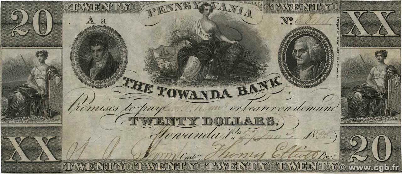 20 Dollars UNITED STATES OF AMERICA Towanda 1835  VF+