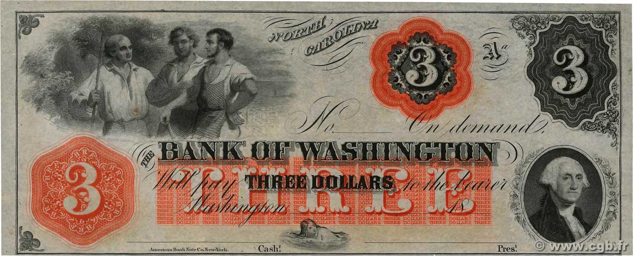 3 Dollars Non émis UNITED STATES OF AMERICA Washington 1851  UNC-