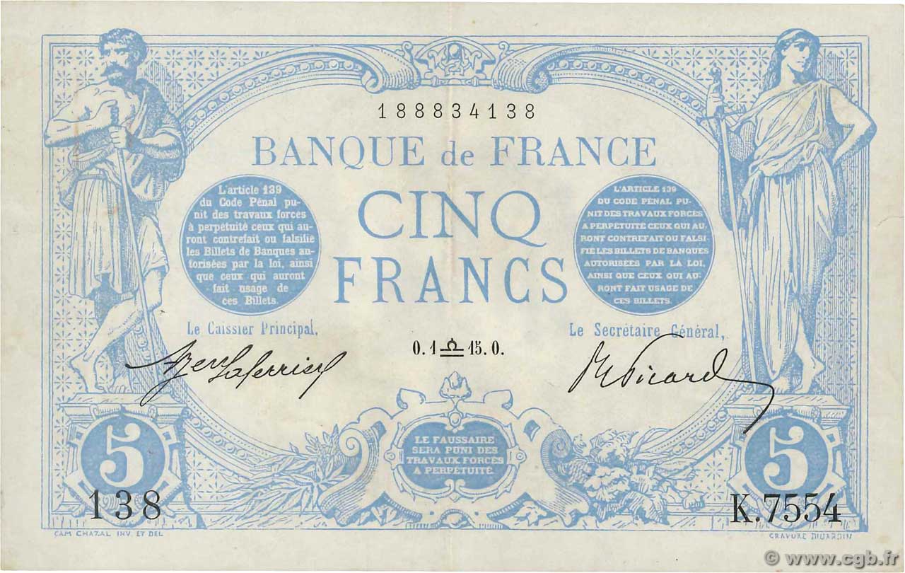 5 Francs BLEU FRANKREICH  1915 F.02.31 fVZ